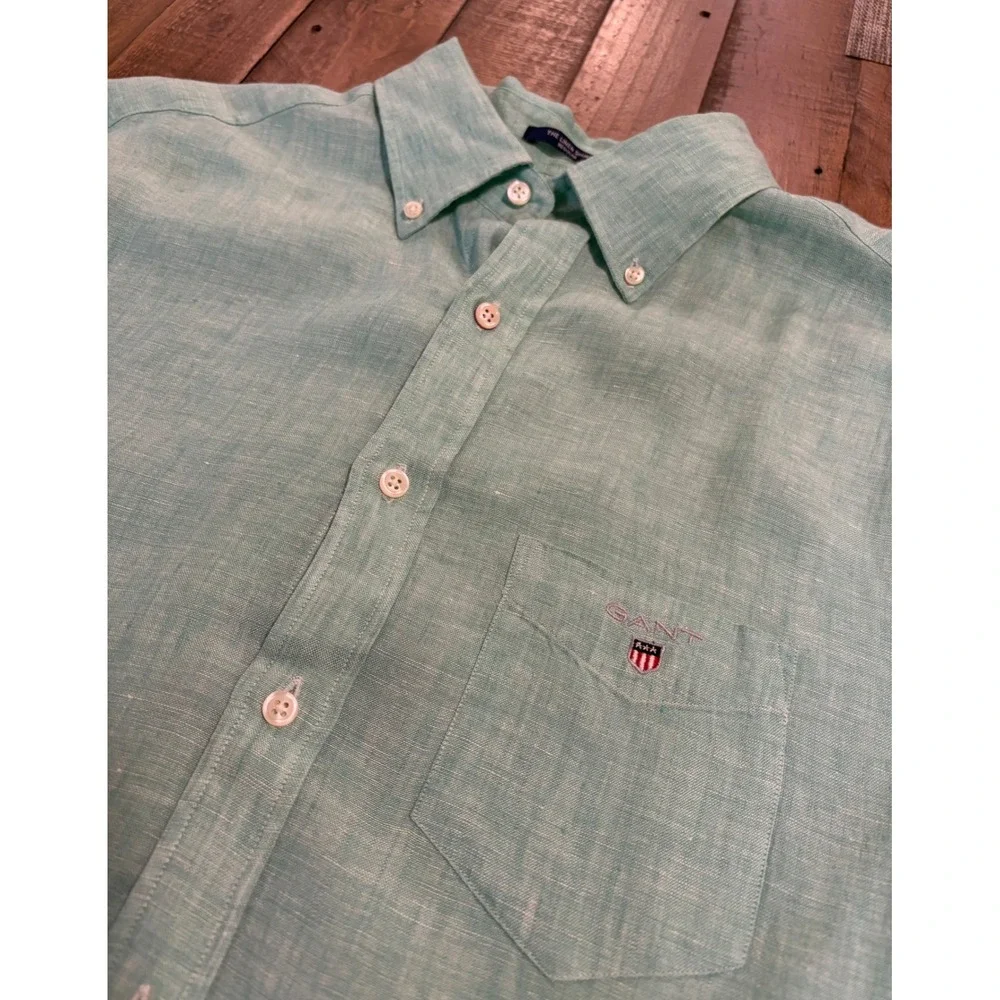 Gant Mens Regular Fit Linen Short Sleeve Button Down Shirt Green Large 3040621 - Picture 1 of 11